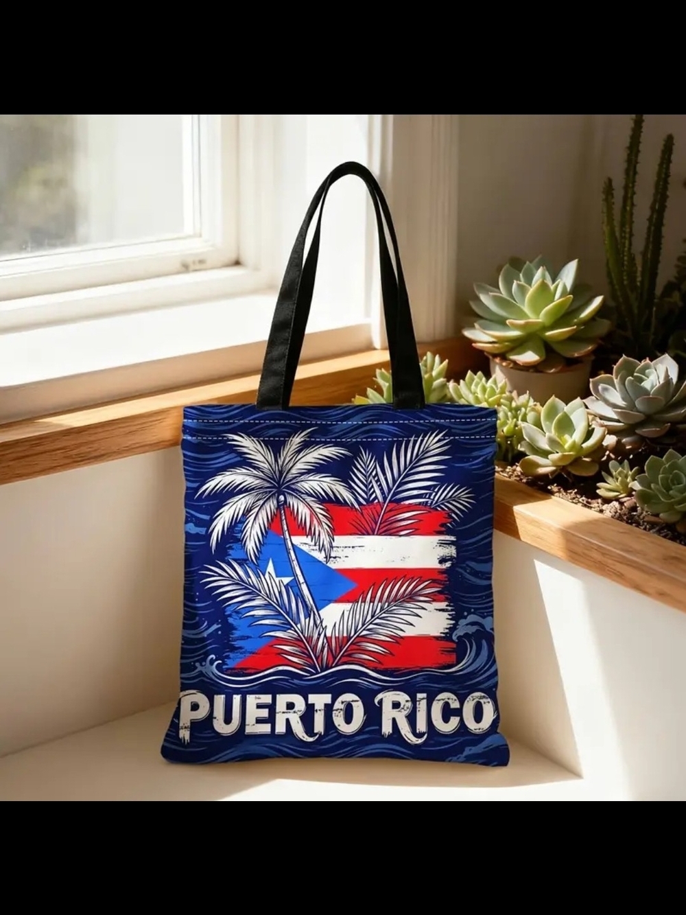 Puerto Rico Flag Palm Tote Bag - Navy, Red, White, Blue